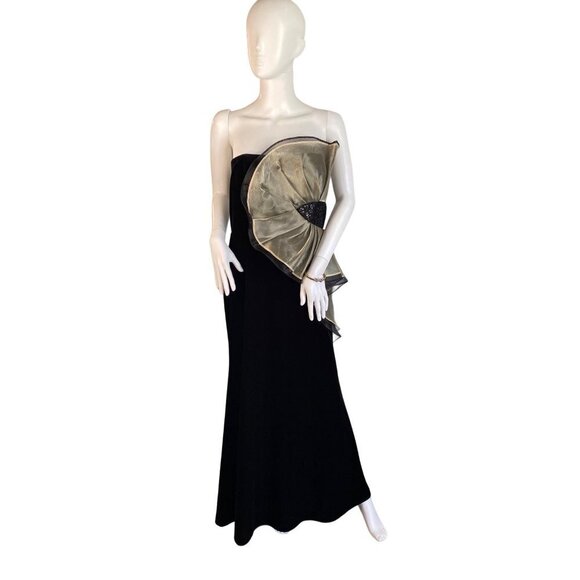 Robe De Soirée Betsy & Adam Noire Et Or Taille 8 - Longue, Sans Bretelles, Neuve Avec étiquettes
